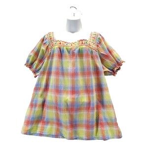 Johnny Was Workshop Women Sz XL Peasant Blouse Multi Color Plaid Embroidered